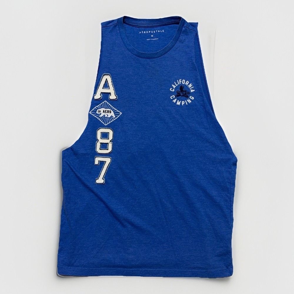 Vintage Aeropostale 87 Mens Embroidered Logo Y2K Muscle Gym T Shirt M Blue Tank